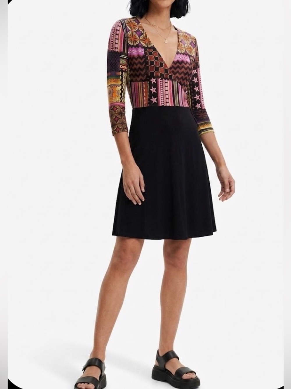 DESIGUAL Faux Wrap Dress XL Black Multicolor Abstract Print Stretch EUC - Picture 1 of 10